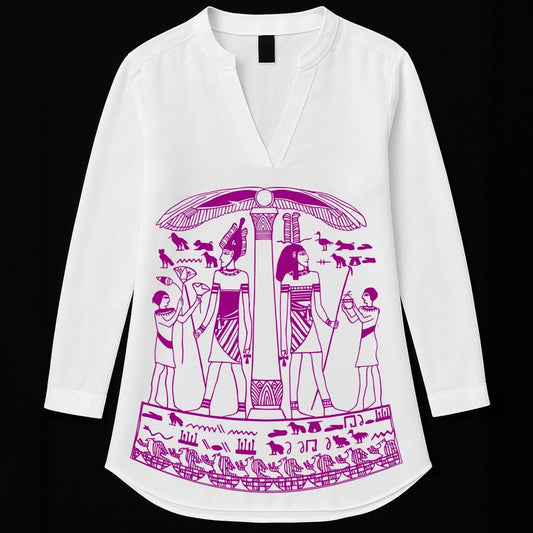 Pharaoh’s Legacy - Egyptian Art Printed Kurti featuring ancient purple motifs of Egyptian figures and hieroglyphs on white cotton fabric. Ideal for casual and semi-formal wear.
