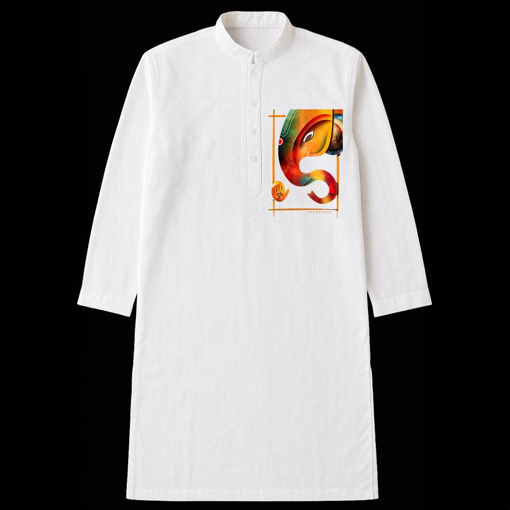 Shree Ganesh Kurta in white cotton with vibrant abstract Ganesha motif on chest. Ideal festive Panjabi for men blending tradition and style.