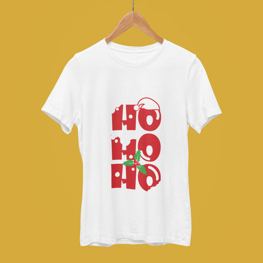 White unisex 'Ho Ho Ho' Christmas T-shirt with festive red and white design.