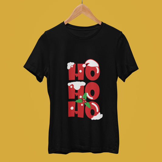 Black unisex 'Ho Ho Ho' Christmas T-shirt with festive red and white design.