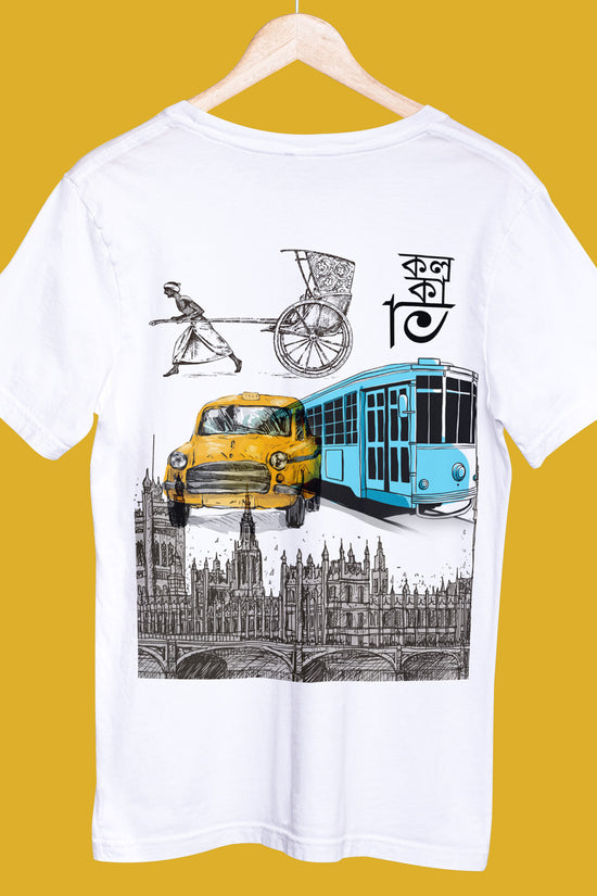 Kolkata T-Shirt - Iconic Transport Graphic featuring hand-pulled rickshaw, yellow taxi, and blue tram on white cotton fabric. Regular fit for men and women.