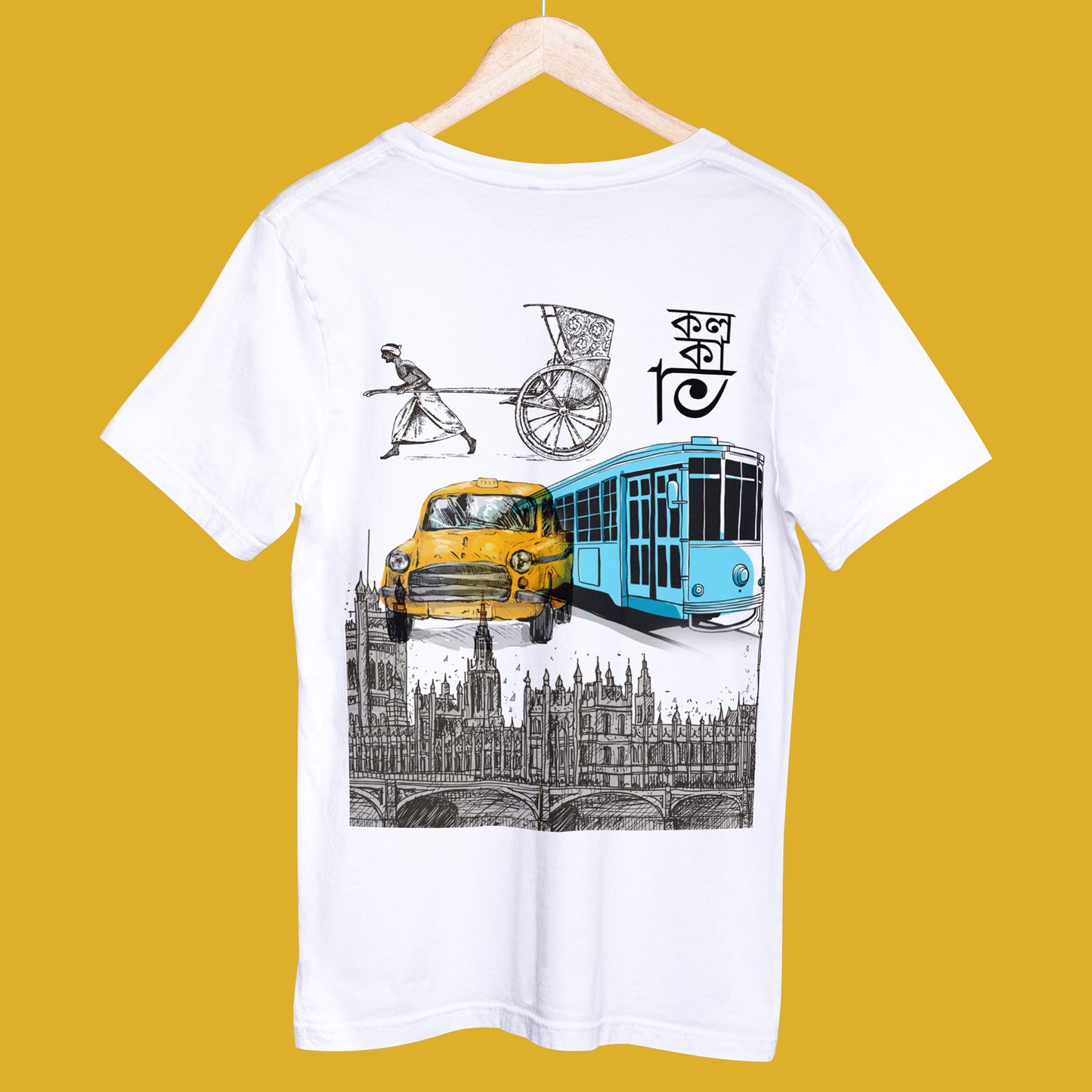 Kolkata T-Shirt - Iconic Transport Graphic featuring hand-pulled rickshaw, yellow taxi, and blue tram on white cotton fabric. Regular fit for men and women.