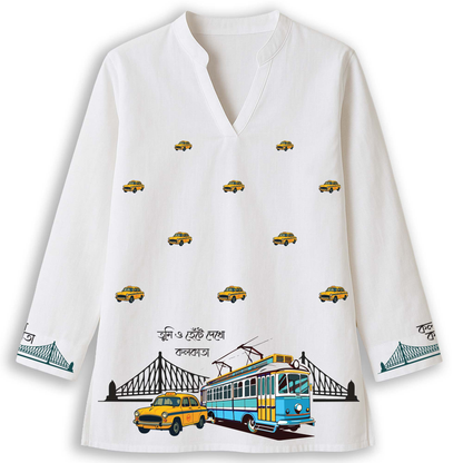 Iconic Kolkata Kurti — Ambassador, Tram & Howrah Bridge Print on White Cotton Short Kurti