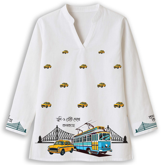 Iconic Kolkata Kurti — Ambassador, Tram & Howrah Bridge Print on White Cotton Short Kurti