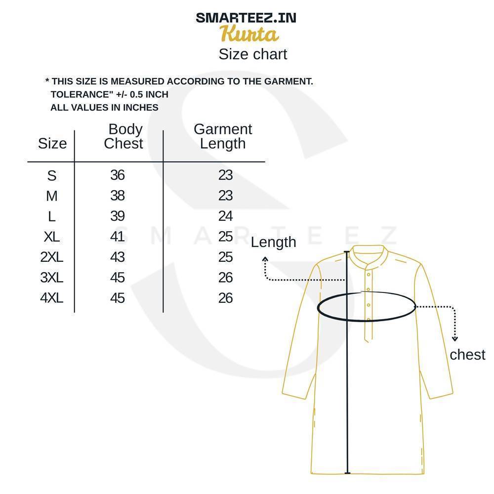 Size chart for 16 Ana Bengali Kurta - printed panjabi for men, showing chest and length measurements for sizes S to 4XL.