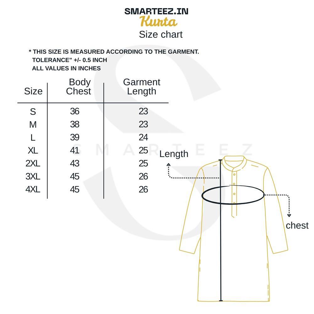Size chart for Bodhu Boron wedding kurta showing chest and length measurements from size S to 4XL. Helps choose accurate fit for traditional attire.