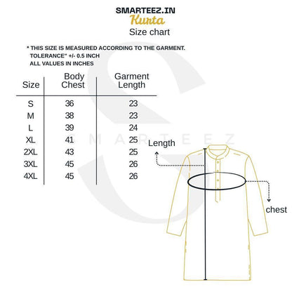 Size chart for 16 Ana Bengali Kurta - printed panjabi for men, showing chest and length measurements for sizes S to 4XL.