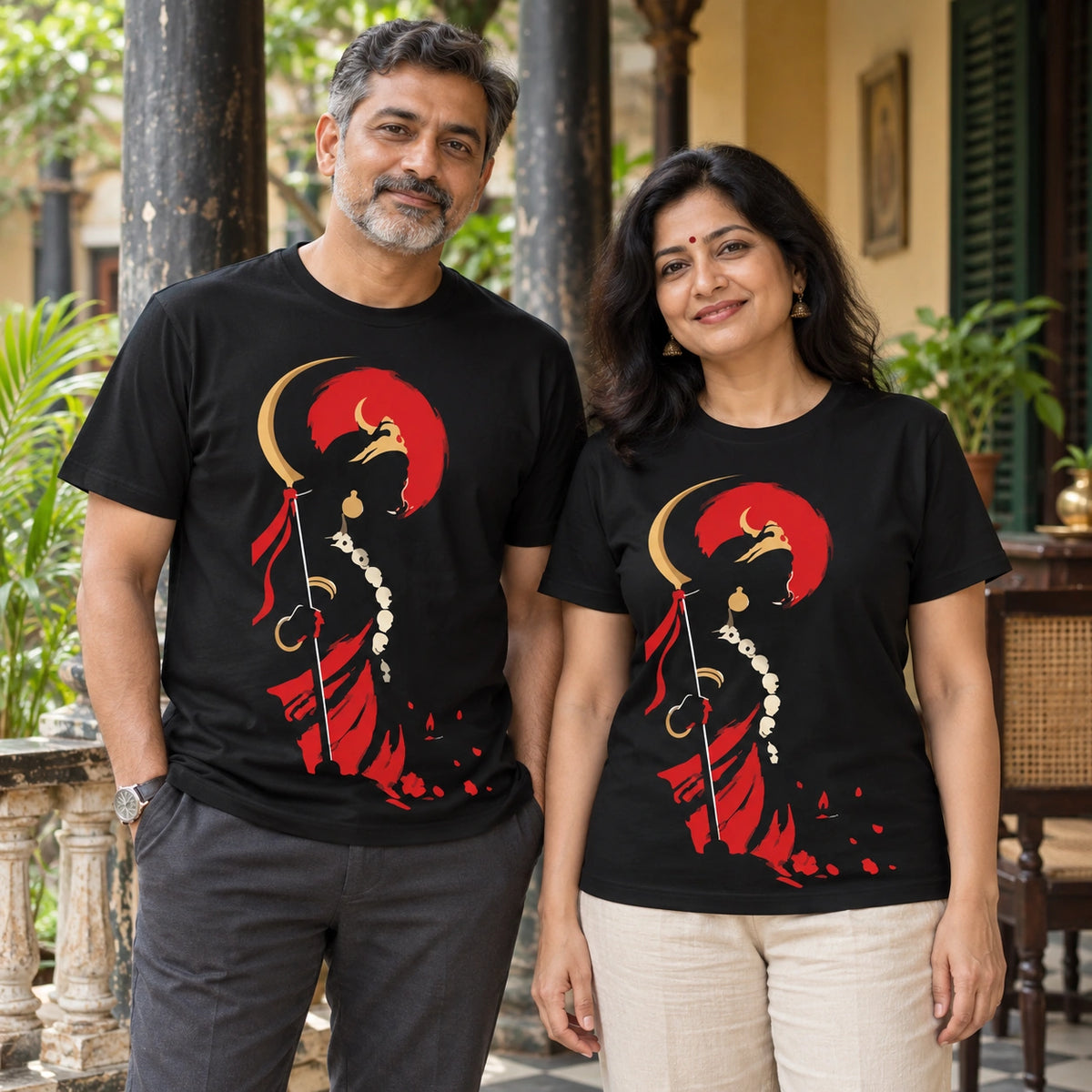Bengali man and woman wearing matching Kali Shakti black graphic T-shirts with Maa Kali artwork on a heritage-style verandah