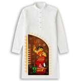 Mahishasurmardini Durga Puja Panjabi – Durga Slaying Mahishasura Folk Art Print on White Cotton Kurta for Men