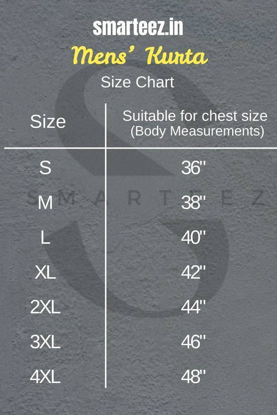 Men's Kurta size chart by Smarteez.in showing chest measurements for traditional Bengali Panjabi fit.