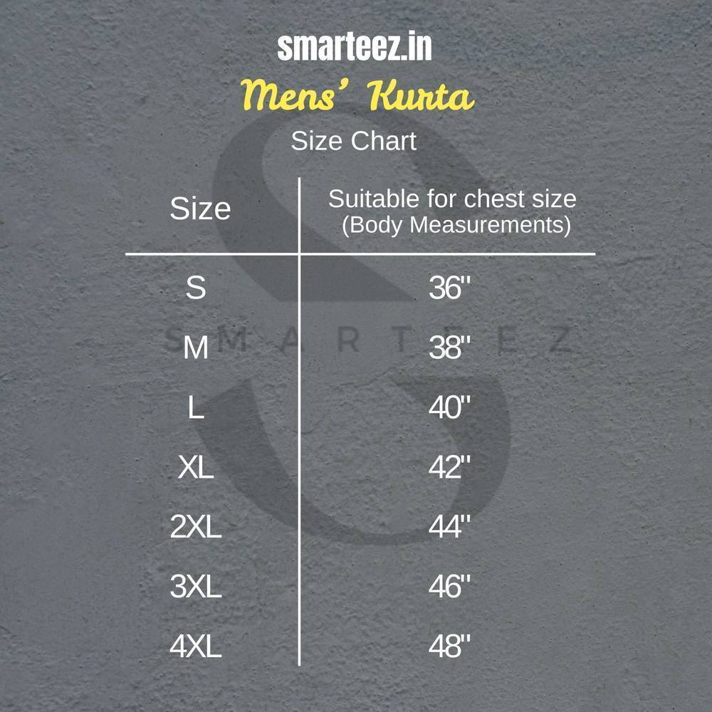Men's Kurta size chart by Smarteez.in showing chest measurements for traditional Bengali Panjabi fit.