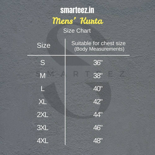 Men's Kurta size chart by Smarteez.in showing chest measurements for traditional Bengali Panjabi fit.