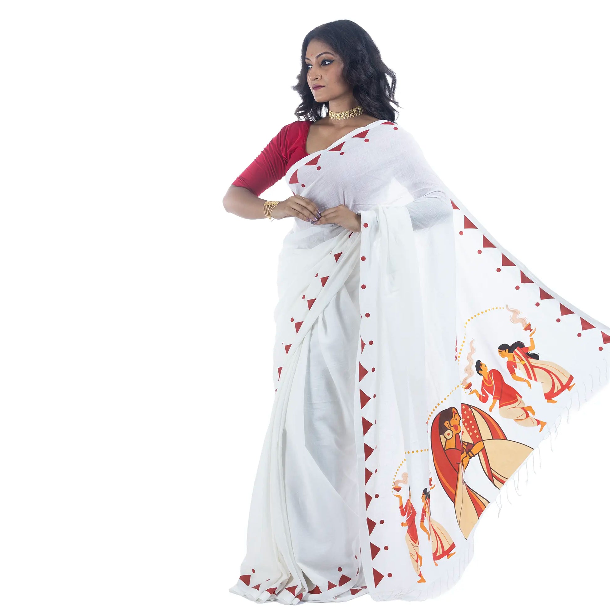 Durga Puja Nabami-Dashami saree close-up showing Bijoya embrace and lotus motif on khadi cotton