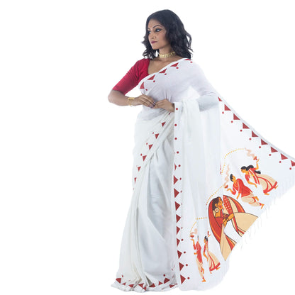 Durga Puja Nabami-Dashami saree close-up showing Bijoya embrace and lotus motif on khadi cotton