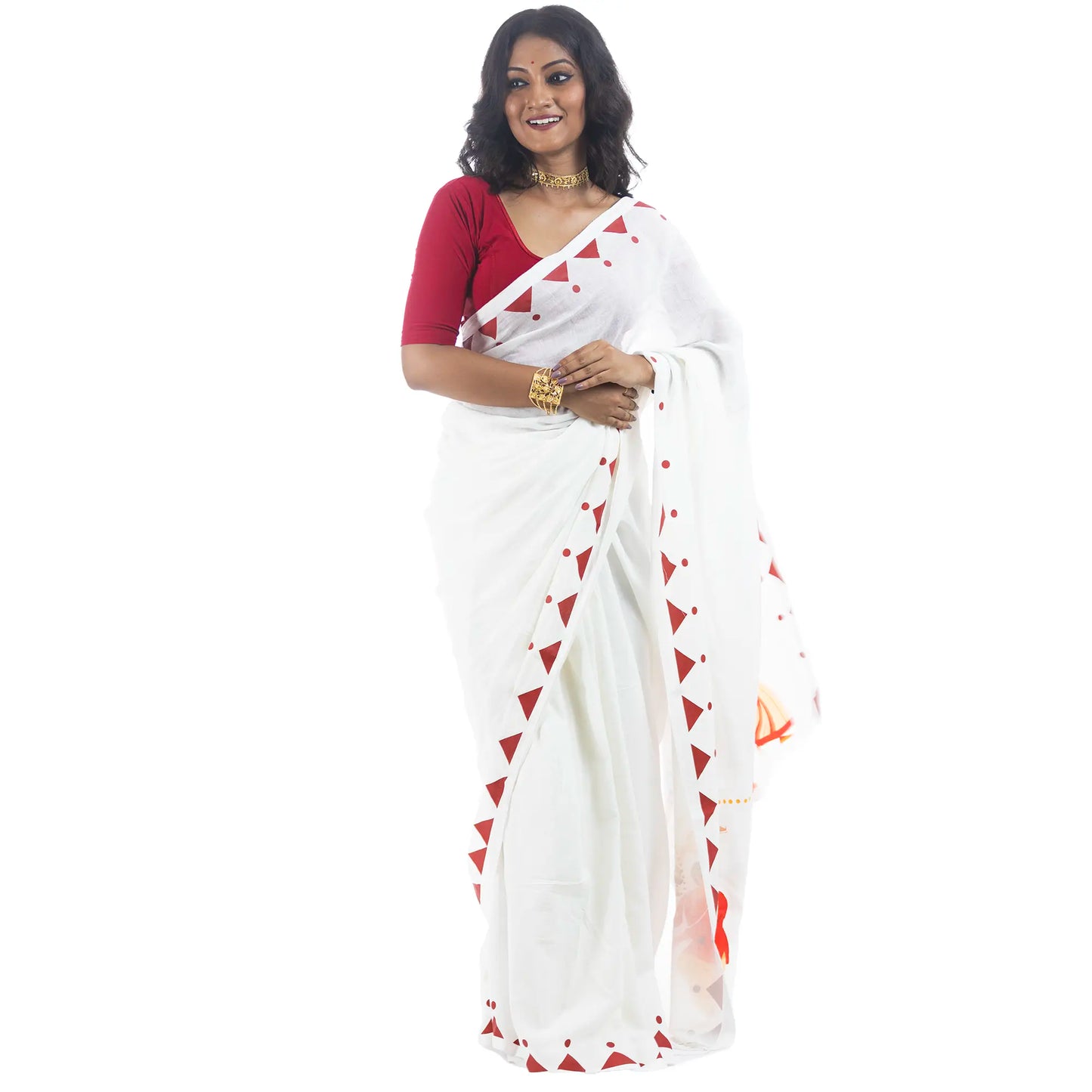 Durga Puja Nabami-Dashami saree pallu with festive folk art border, white handloom khadi cotton