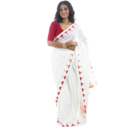 Durga Puja Nabami-Dashami saree pallu with festive folk art border, white handloom khadi cotton