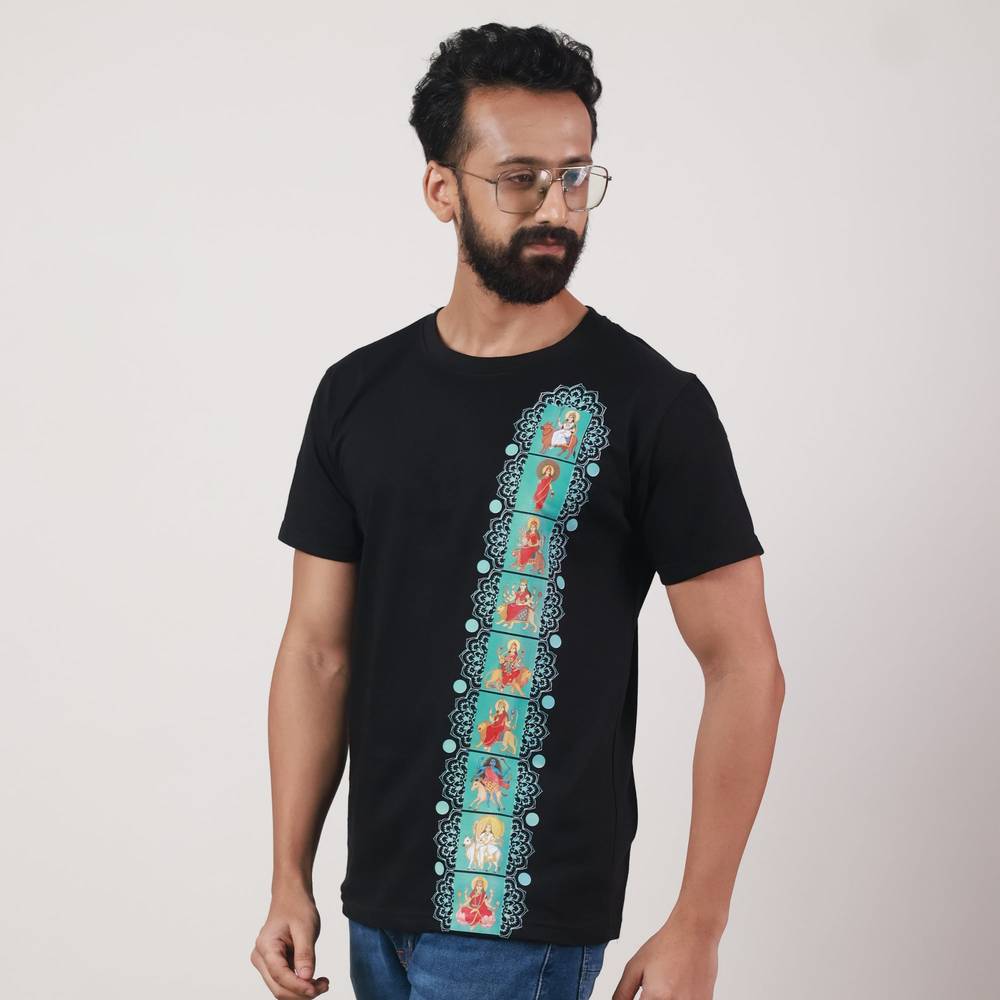 Navadurga T-Shirt - Nine Forms | Unisex Fit featuring vertical artwork of nine goddess Durga forms on black cotton fabric. Ideal for spiritual wear.