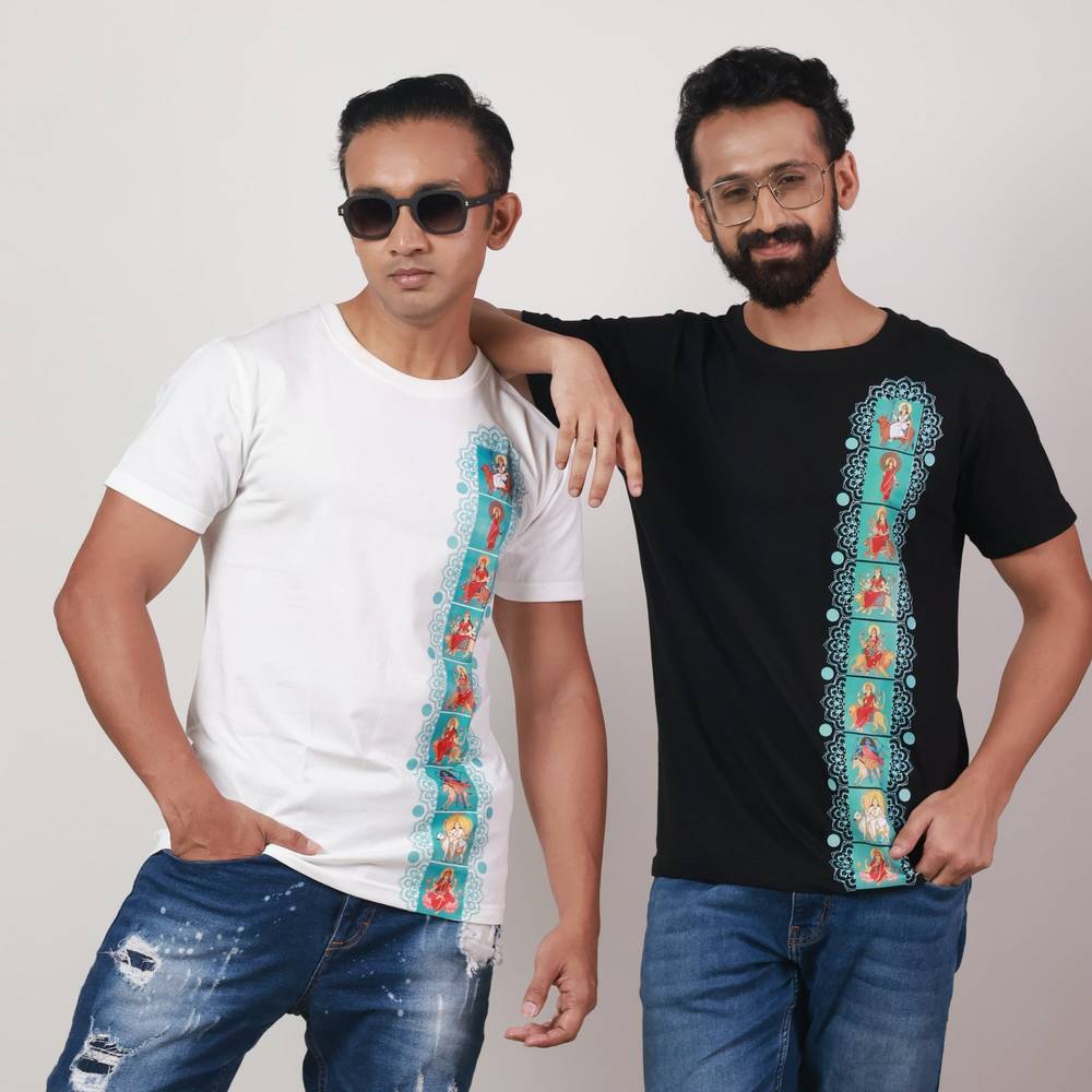 Navadurga T-Shirt - Nine Forms | Unisex Fit in white featuring vertical artwork of nine goddess Durga forms, ideal for spiritual fashion wear.