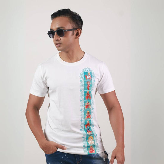 Navadurga T-Shirt - Nine Forms | Unisex Fit featuring vertical artwork of nine Durga goddess forms on white cotton fabric, ideal for spiritual wear.