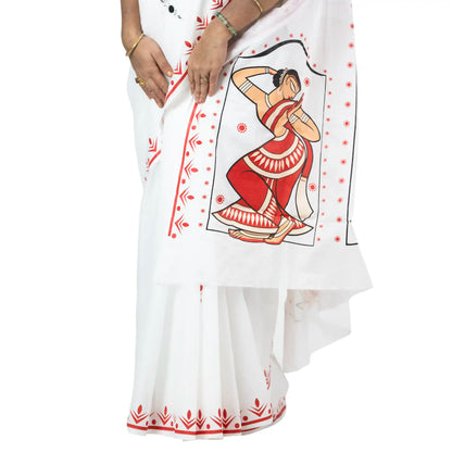 Woman in white cotton saree with red blouse, front view showing Bharatanatyam dancer print on pallu