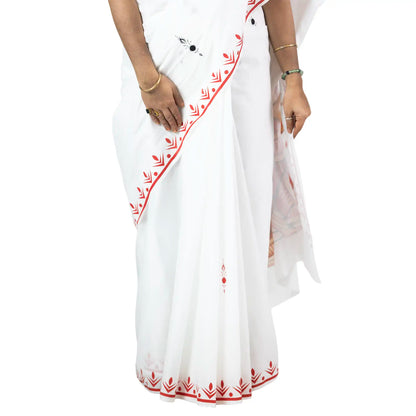 Side view of Bharatanatyam dancer saree pallu spread showing classical dance pose print on white cotton