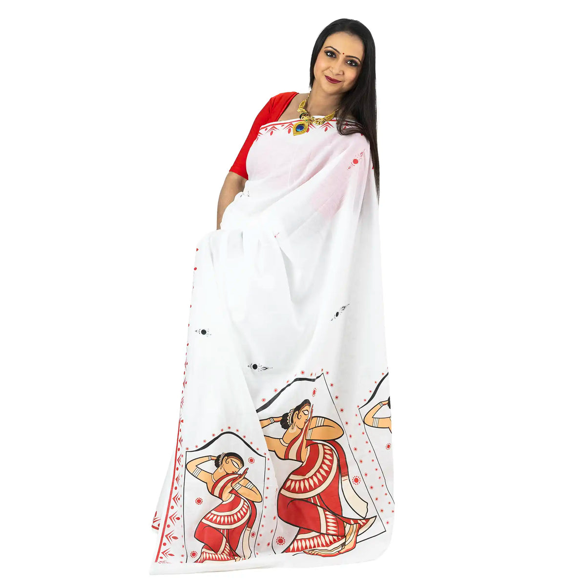 Back view of woman wearing Bharatanatyam dancer saree with full pallu spread showing repeated dance motif