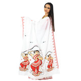 Close-up of red leaf border and sunburst motifs on Bharatanatyam dancer saree pallu