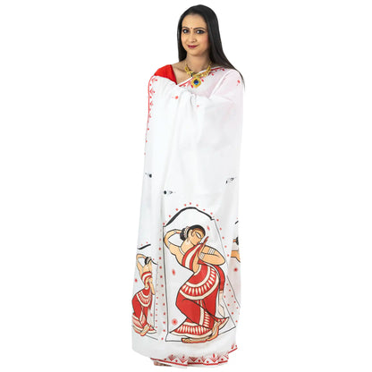 Close-up of classical Bharatanatyam dancer print panel in red and cream on white cotton saree