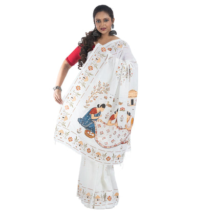 Nakshi Kanthar Upokatha — Printed Khadi Cotton Saree with Bengal Folk Art Narrative