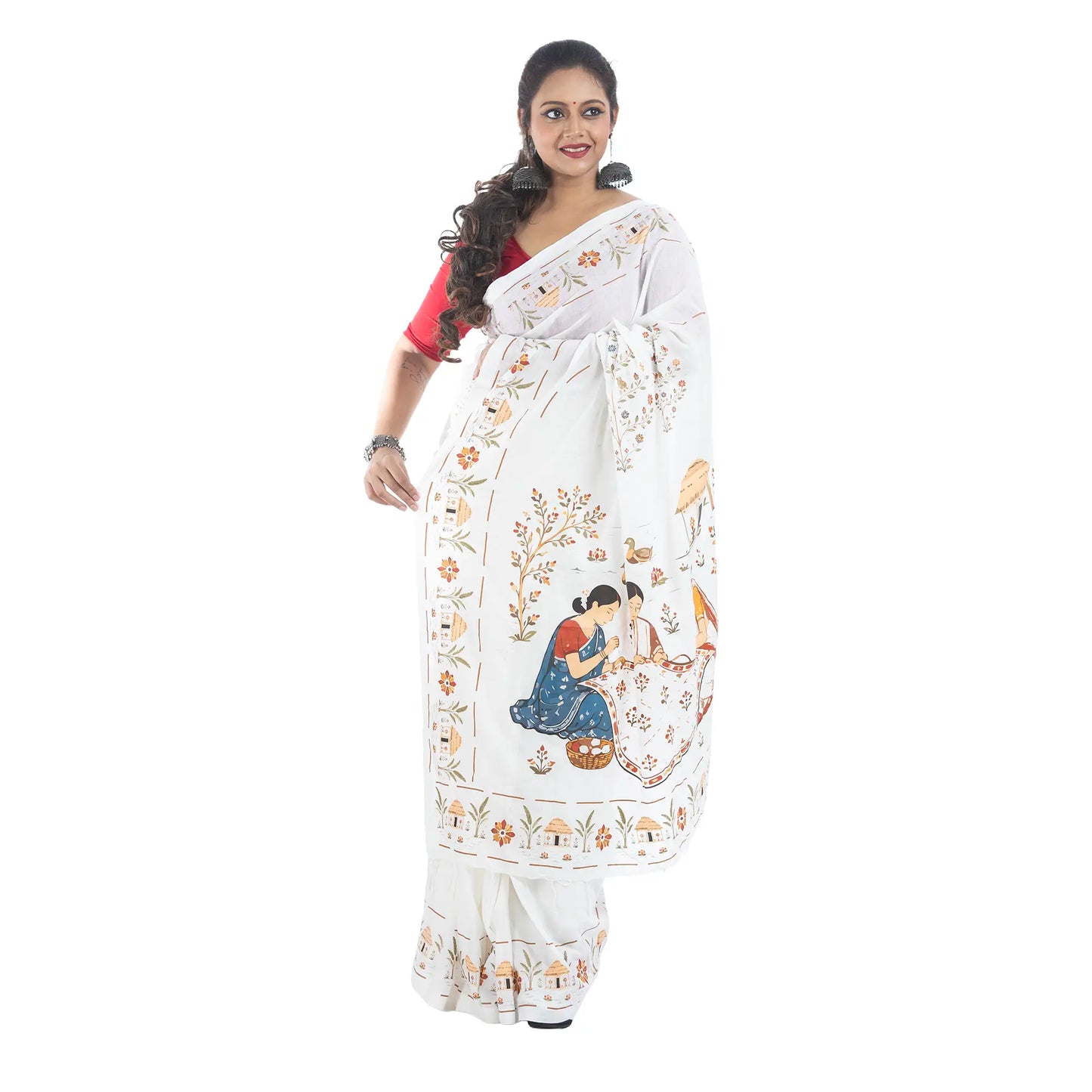 Nakshi Kanthar Upokatha — Printed Khadi Cotton Saree with Bengal Folk Art Narrative