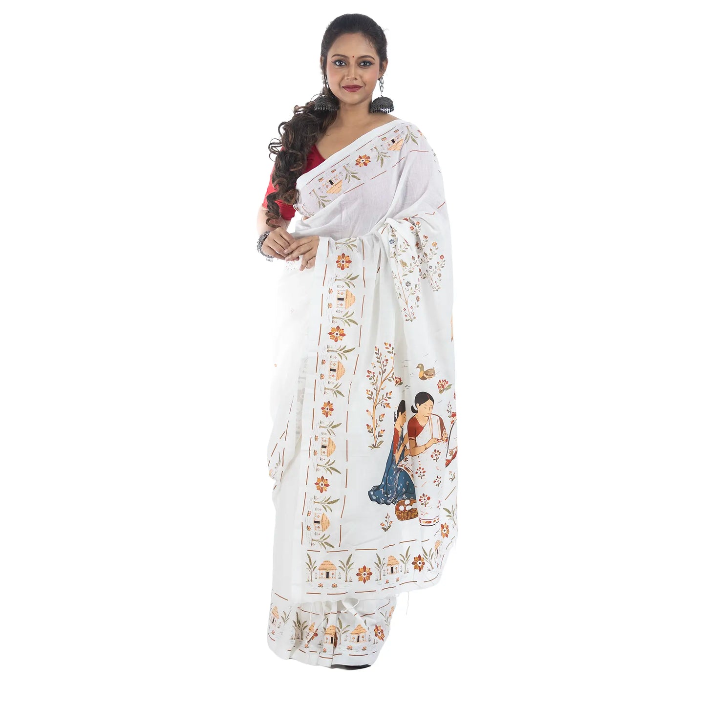 Nakshi Kanthar Upokatha — Printed Khadi Cotton Saree with Bengal Folk Art Narrative