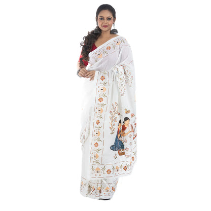 Nakshi Kanthar Upokatha — Printed Khadi Cotton Saree with Bengal Folk Art Narrative