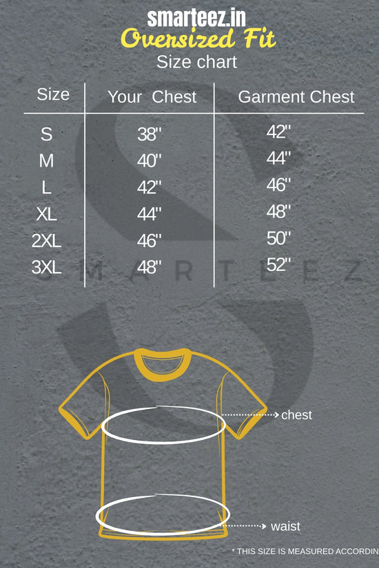 Size chart for Dashabhuja Durga T-Shirt in oversized fit, detailing chest measurements from S to 3XL for accurate selection.