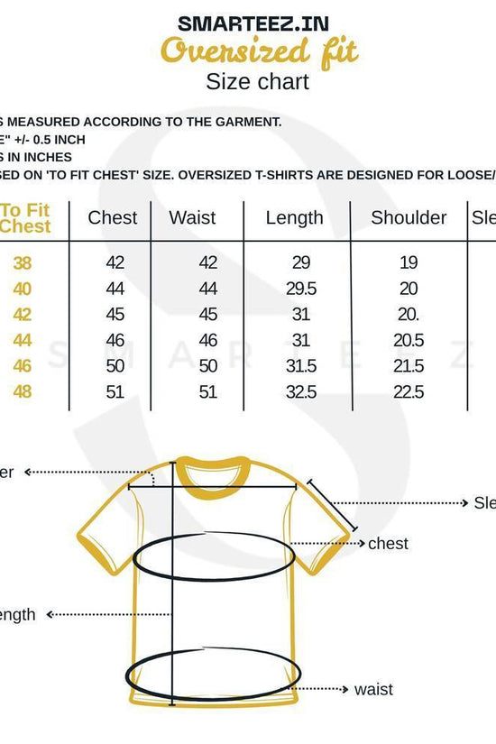 Size chart for Bengali Graphic T-Shirt - Sahaj Path T-Shirt showing oversized fit measurements for chest, waist, length, and sleeves.