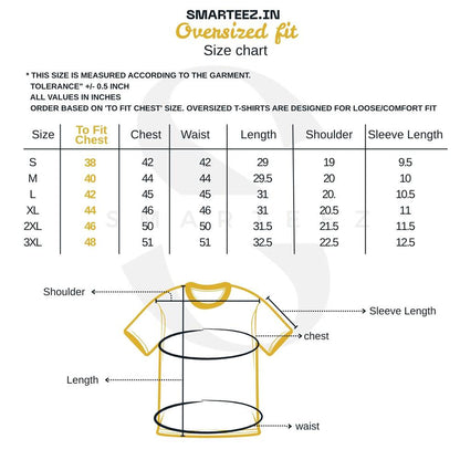 Size chart for Smarteez oversized fit T-shirts, detailing chest, waist, length, shoulder, and sleeve measurements for all sizes.