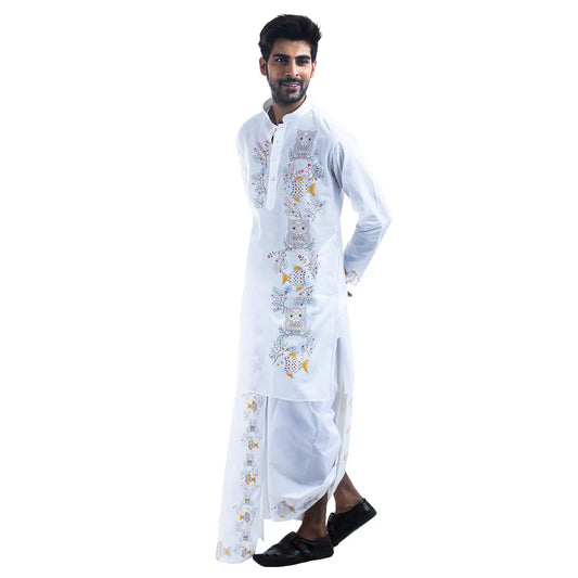 Man wearing Bengali Kantha owl and fish panjabi with matching printed dhuti, walking pose