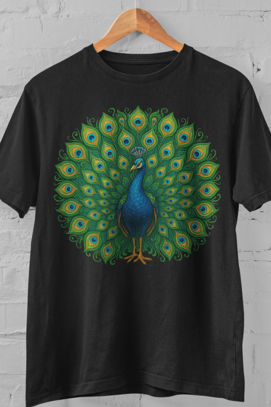 Black Peacock Print T-Shirt - Folk Art Graphic | Cotton Tee featuring a vibrant Indian folk-style peacock design on black cotton fabric. Unisex and stylish for cultural fashion lovers.