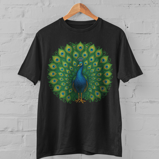 Black Peacock Print T-Shirt - Folk Art Graphic | Cotton Tee featuring a vibrant Indian folk-style peacock design on black cotton fabric. Unisex and stylish for cultural fashion lovers.