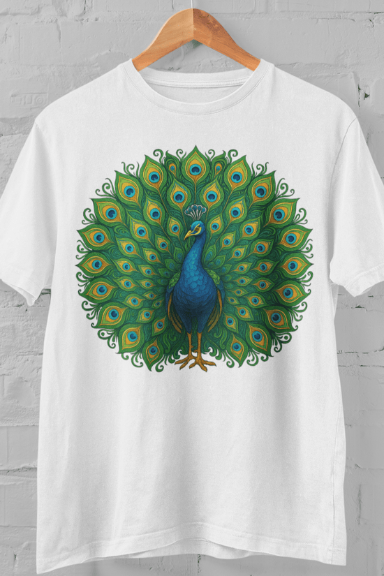 White Peacock Print T-Shirt - Folk Art Graphic | Cotton Tee featuring a vibrant Indian folk-style peacock design on a white unisex cotton shirt.