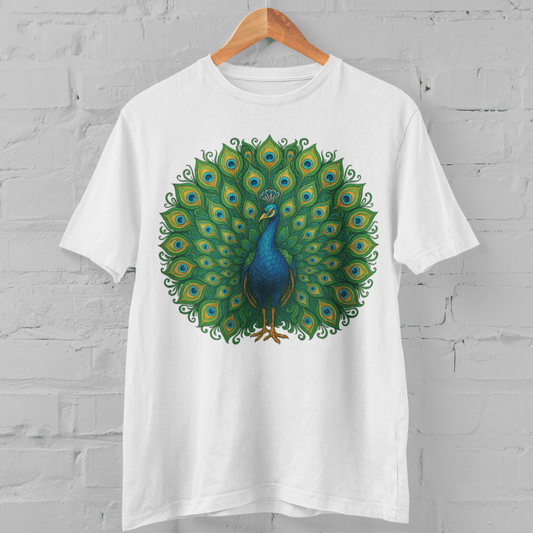 White Peacock Print T-Shirt - Folk Art Graphic | Cotton Tee featuring a vibrant Indian folk-style peacock design on a white unisex cotton shirt.