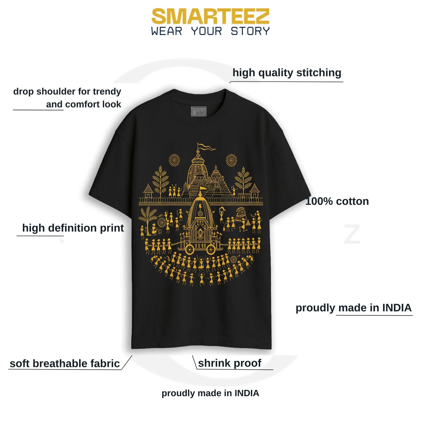 Rath Yatra Warli Art Oversized T-Shirt product features – drop shoulder fit, 100% cotton, high definition gold print, shrink proof, proudly made in India by Smarteez