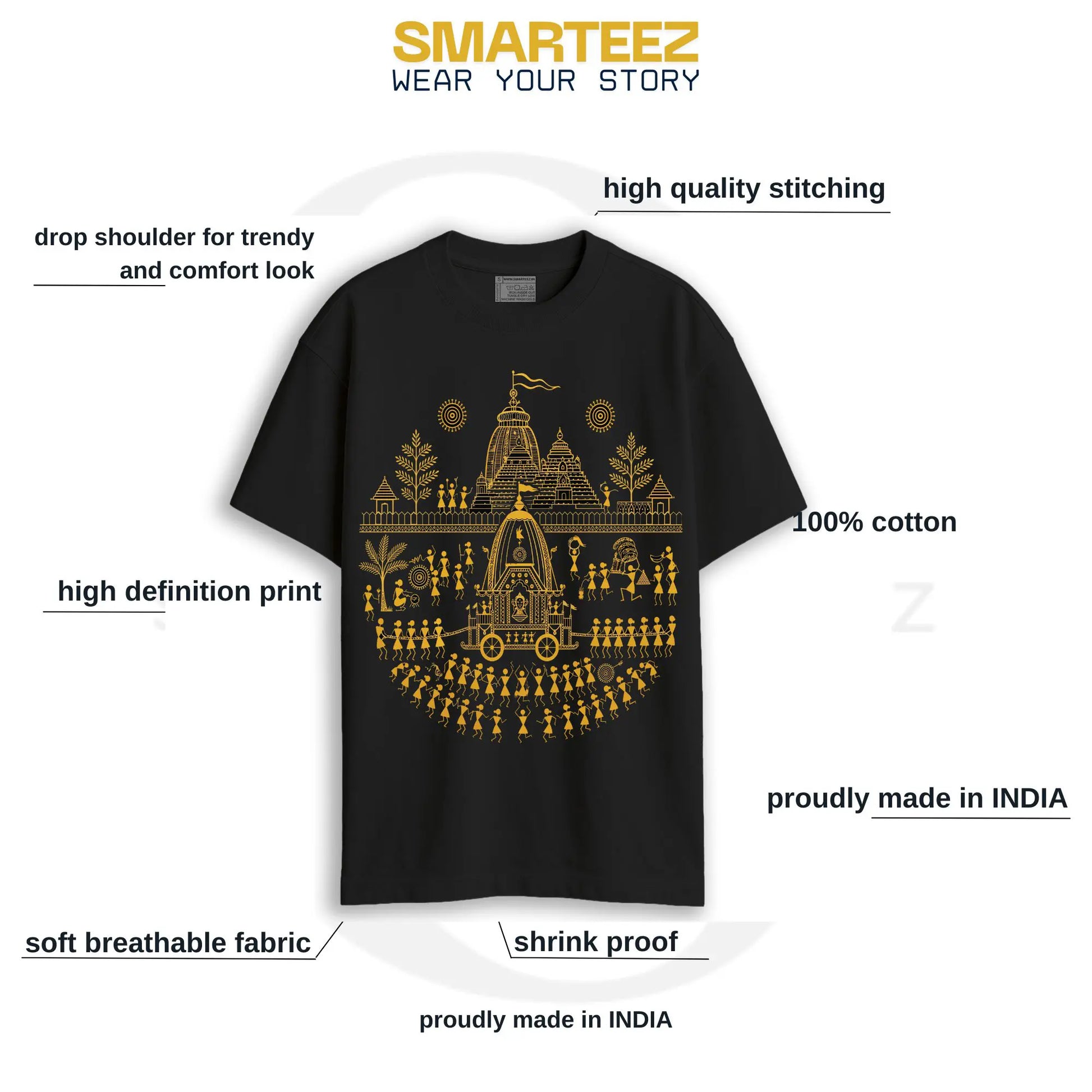 Rath Yatra Warli Art Oversized T-Shirt product features – drop shoulder fit, 100% cotton, high definition gold print, shrink proof, proudly made in India by Smarteez