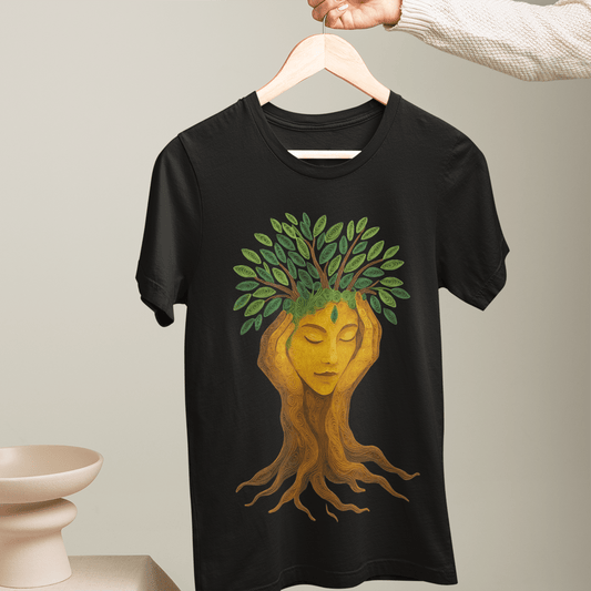 Nature T-Shirt - Tree of Life Graphic in earthy tones on black cotton, featuring a serene face with leafy branches and flowing roots. Ideal for art and nature lovers.