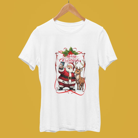 White unisex t-shirt featuring Santa and reindeer with 'Merry Christmas' text.