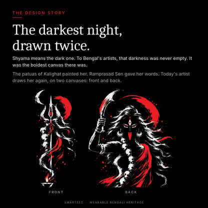 The design story of Shyama Maa Kali: the darkest night, drawn twice, with front and back artworks of the Shyama Maa Kali full sleeves T-shirt