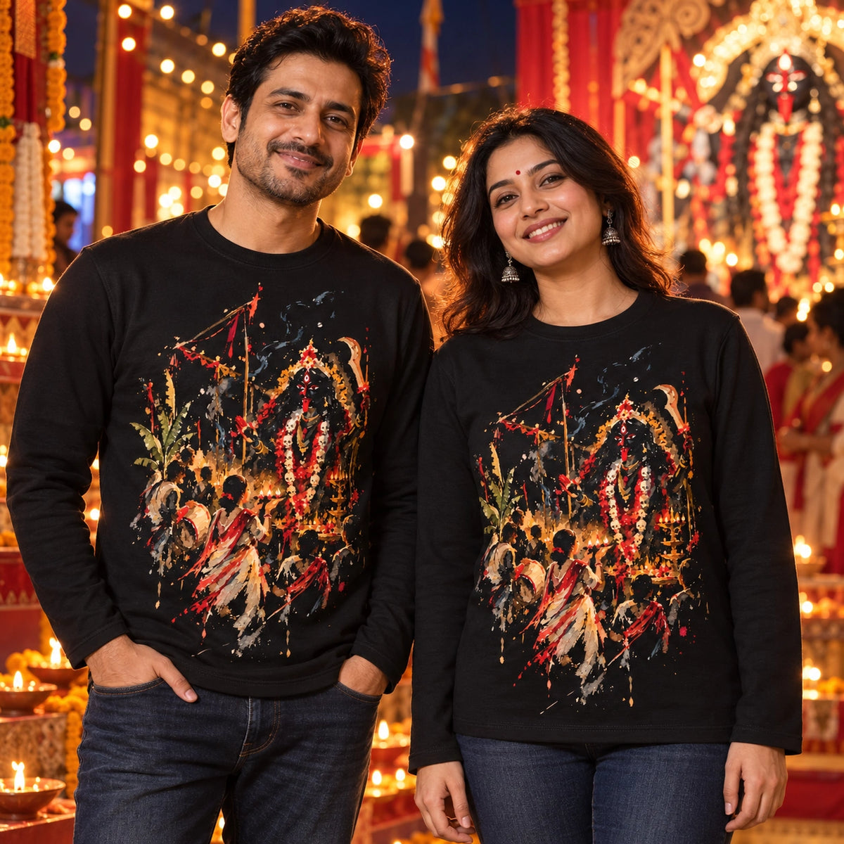 Dipanwita Amavasya night - a watercolour illustration | French Terry Cotton Full Sleeves T-Shirt | Unisex