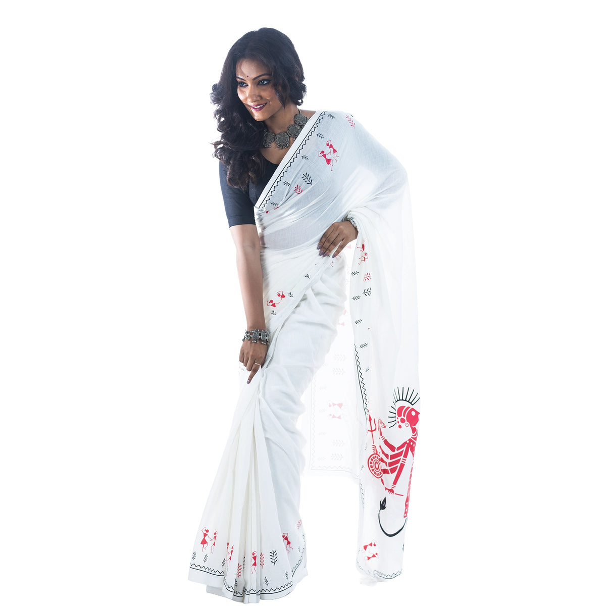 Back view of Warli Durga saree with pallu spread showing full Mahishasuramardini scene and leaf border