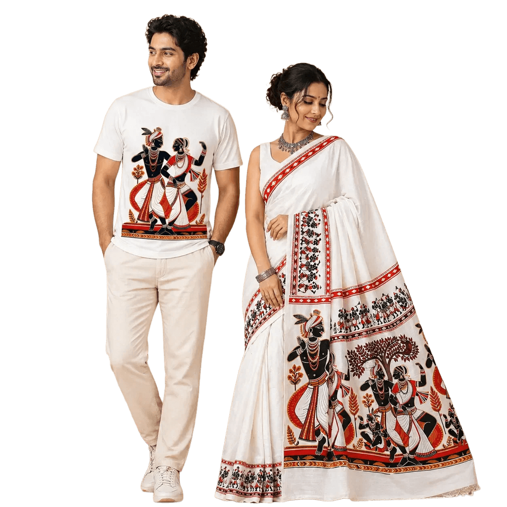 Folk Dance Patachitra Couple Set — Handloom Khadi Saree & T-Shirt | Wearable Bengali Heritage