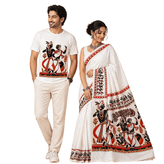 Folk Dance Patachitra Couple Set — Handloom Khadi Saree & T-Shirt | Wearable Bengali Heritage