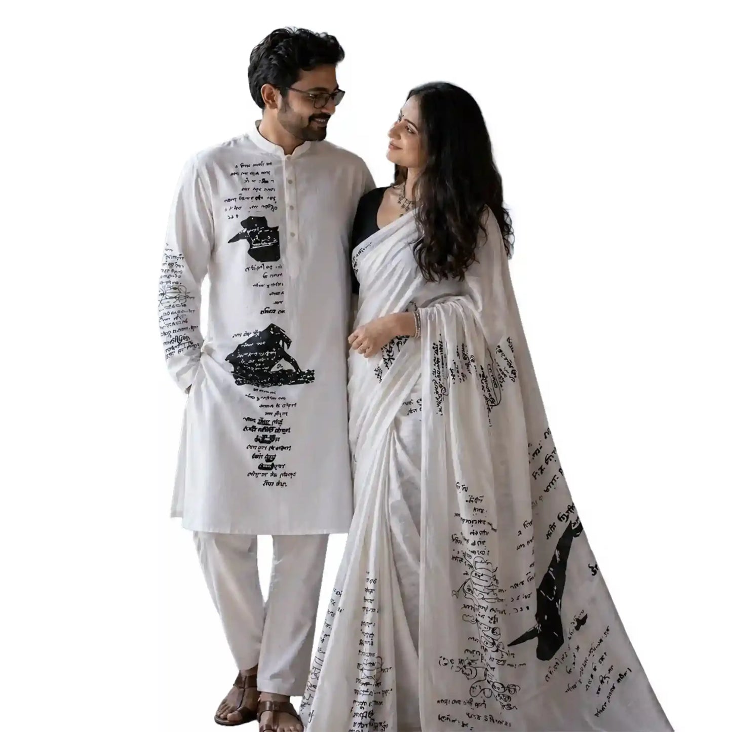 Tagore Scribble Couple Set — Handloom Khadi Saree & Panjabi | Rabindranath Manuscript Art | Wearable Bengali Heritage